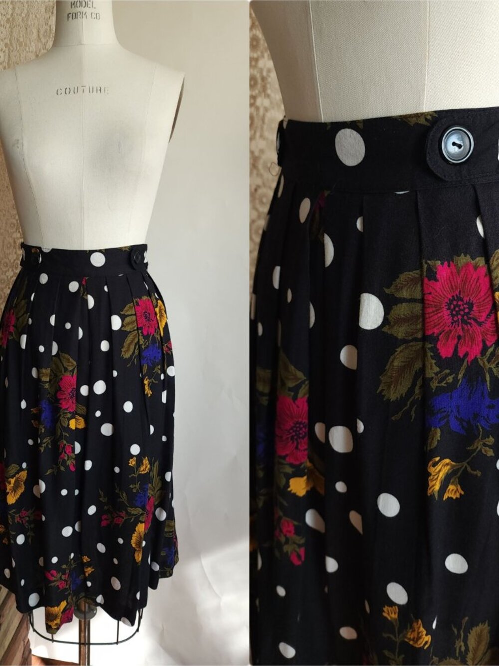 Vintage 1980s 1990s Skirt, Norton McNaughton Petites Polka Dot and Floral